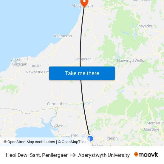 Heol Dewi Sant, Penllergaer to Aberystwyth University map