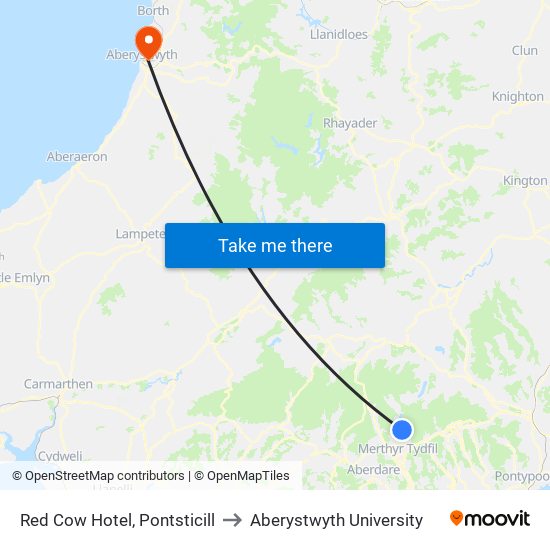 Red Cow Hotel, Pontsticill to Aberystwyth University map