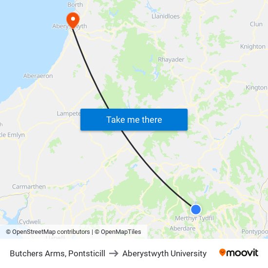 Butchers Arms, Pontsticill to Aberystwyth University map