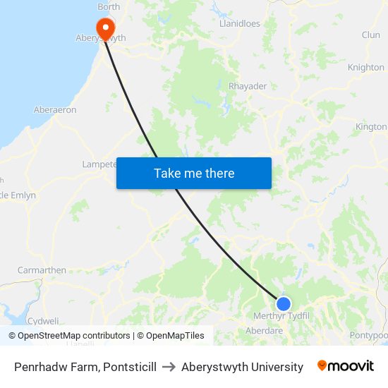 Penrhadw Farm, Pontsticill to Aberystwyth University map