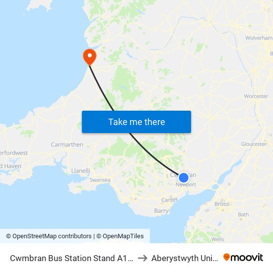 Cwmbran Bus Station Stand A1, Cwmbran to Aberystwyth University map