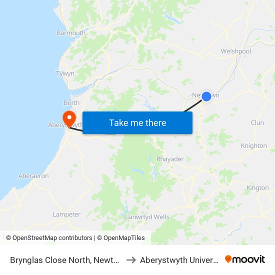 Brynglas Close North, Newtown to Aberystwyth University map
