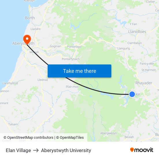 Elan Village to Aberystwyth University map