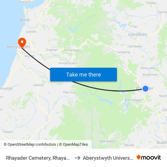 Rhayader Cemetery, Rhayader to Aberystwyth University map