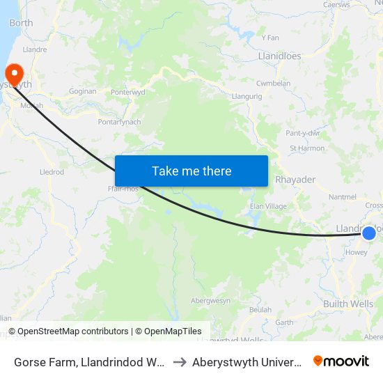 Gorse Farm, Llandrindod Wells to Aberystwyth University map