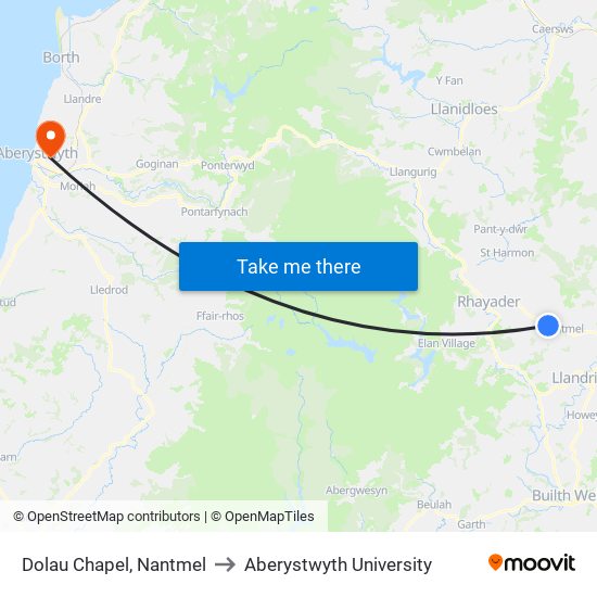 Dolau Chapel, Nantmel to Aberystwyth University map