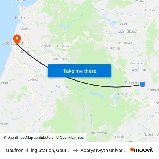 Gaufron Filling Station, Gaufron to Aberystwyth University map