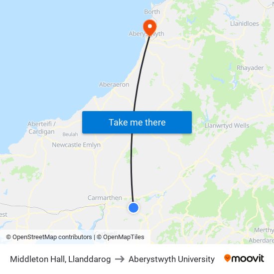 Middleton Hall, Llanddarog to Aberystwyth University map