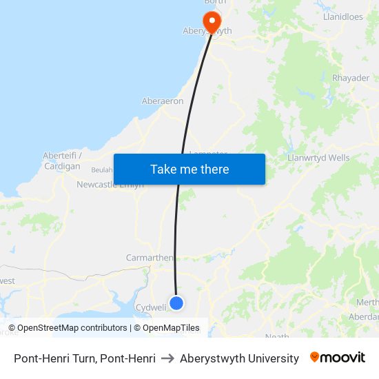 Pont-Henri Turn, Pont-Henri to Aberystwyth University map