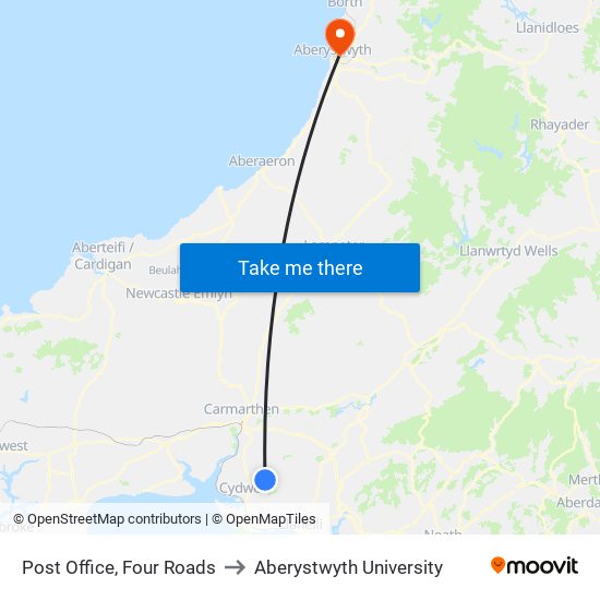 Post Office, Four Roads to Aberystwyth University map