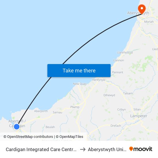 Cardigan Integrated Care Centre, Cardigan to Aberystwyth University map