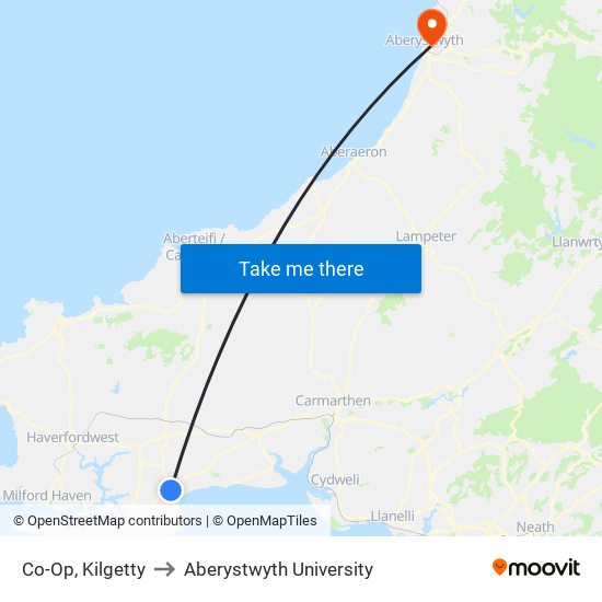 Co-Op, Kilgetty to Aberystwyth University map