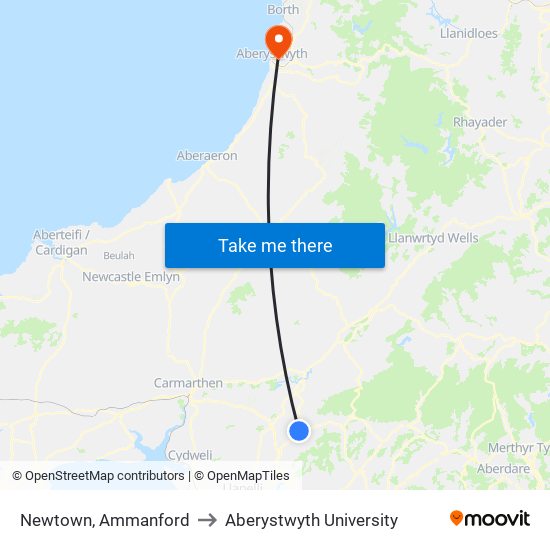 Newtown, Ammanford to Aberystwyth University map