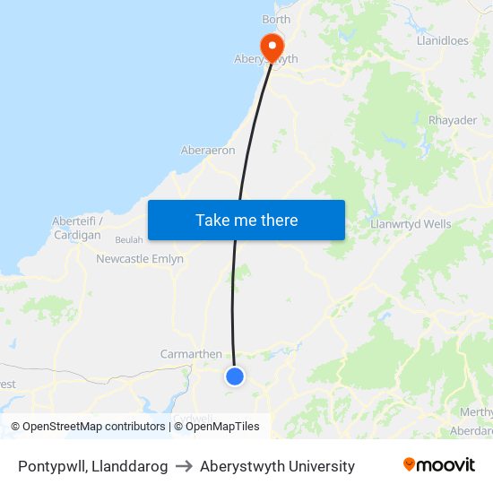 Pontypwll, Llanddarog to Aberystwyth University map