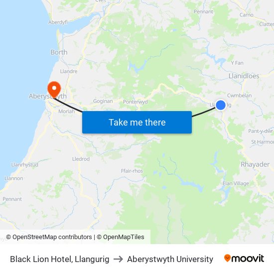 Black Lion Hotel, Llangurig to Aberystwyth University map