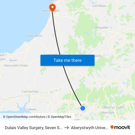 Dulais Valley Surgery, Seven Sisters to Aberystwyth University map