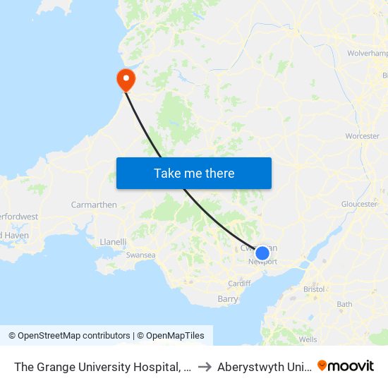 The Grange University Hospital, Llanfrechfa to Aberystwyth University map