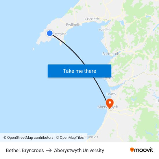 Bethel, Bryncroes to Aberystwyth University map