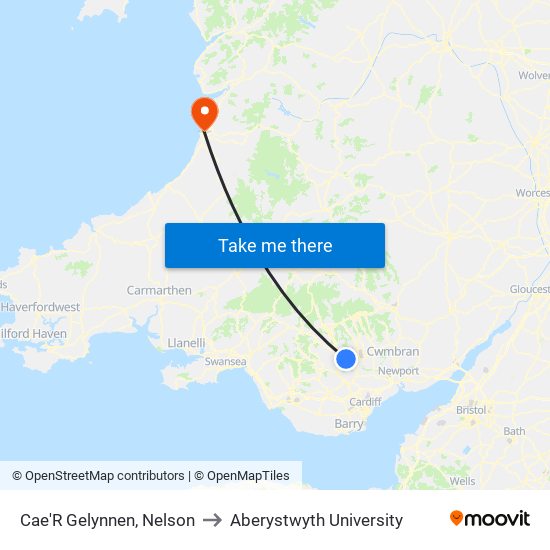 Cae'R Gelynnen, Nelson to Aberystwyth University map
