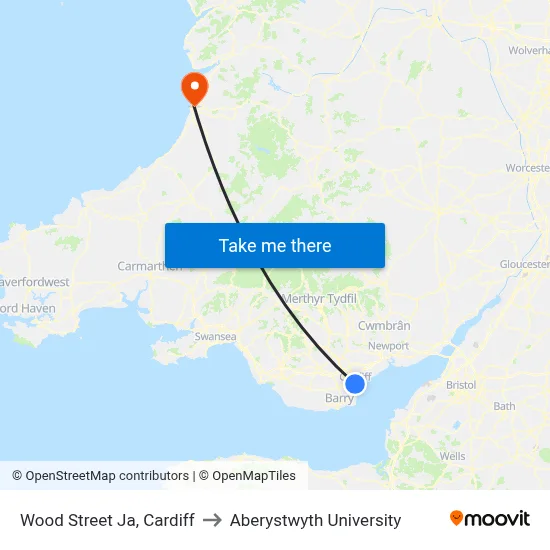 Wood Street Ja, Cardiff to Aberystwyth University map