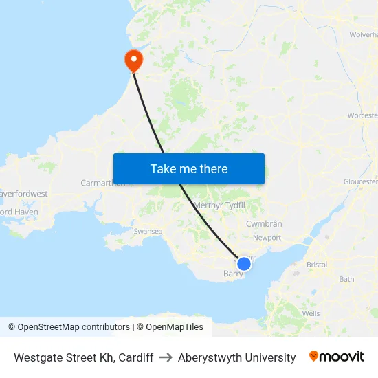 Westgate Street Kh, Cardiff to Aberystwyth University map