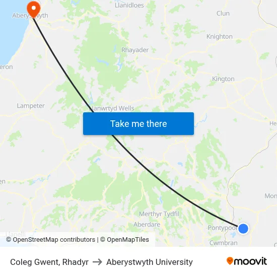 Coleg Gwent, Rhadyr to Aberystwyth University map