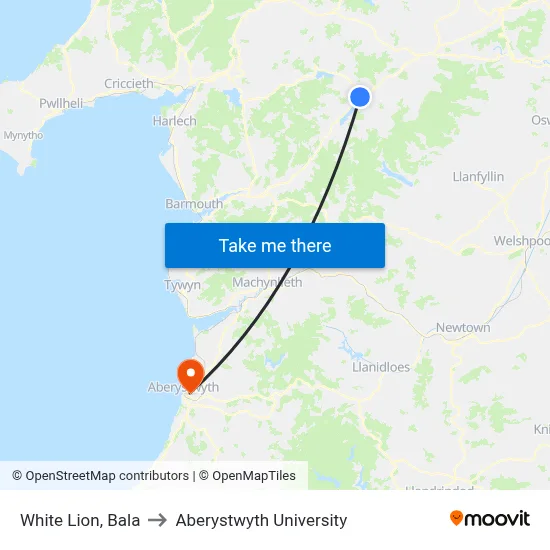 White Lion, Bala to Aberystwyth University map