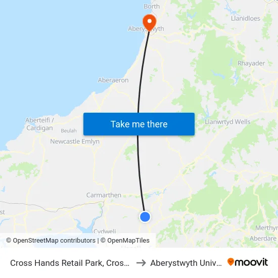 Cross Hands Retail Park, Cross Hands to Aberystwyth University map