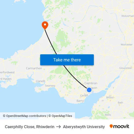 Caerphilly Close, Rhiwderin to Aberystwyth University map