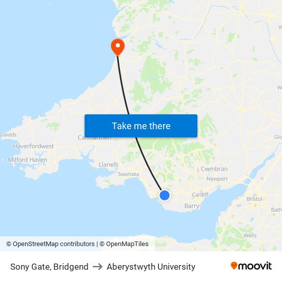 Sony Gate, Bridgend to Aberystwyth University map