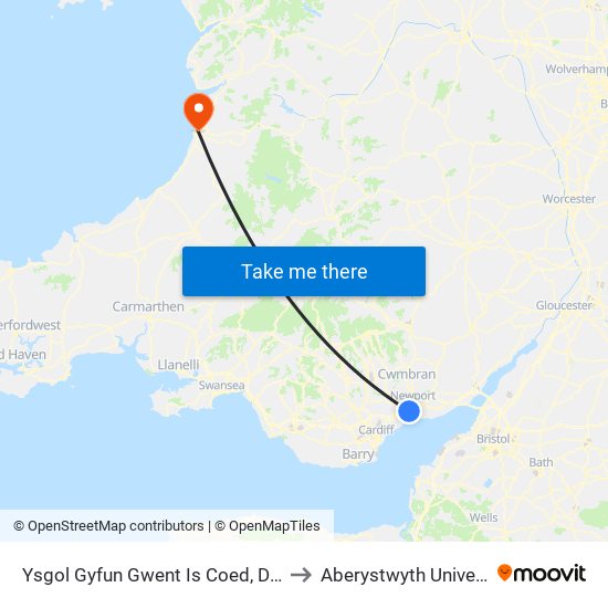 Ysgol Gyfun Gwent Is Coed, Duffryn to Aberystwyth University map