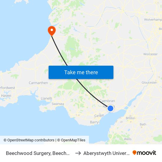 Beechwood Surgery, Beechwood to Aberystwyth University map