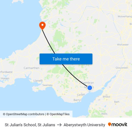 St Julian's School, St Julians to Aberystwyth University map