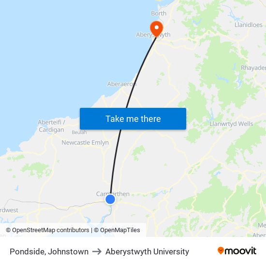 Pondside, Johnstown to Aberystwyth University map