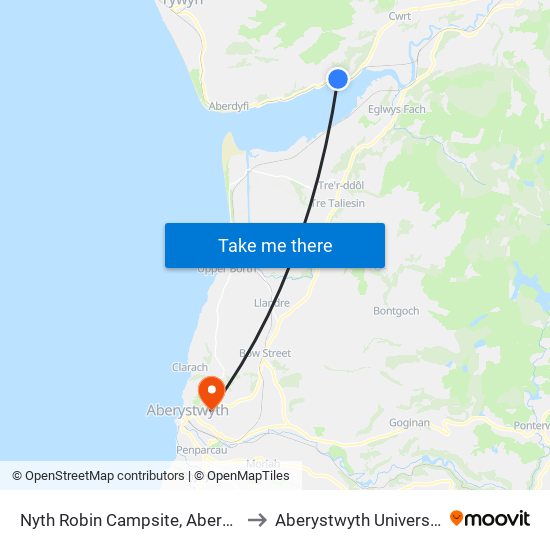Nyth Robin Campsite, Aberdyfi to Aberystwyth University map