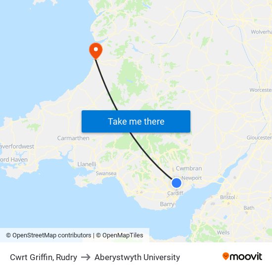 Cwrt Griffin, Rudry to Aberystwyth University map