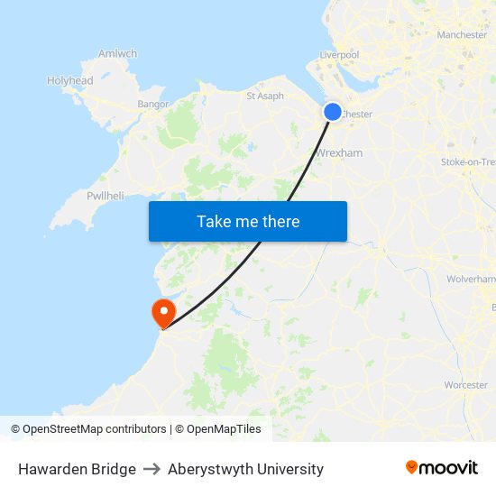 Hawarden Bridge to Aberystwyth University map
