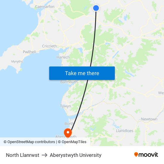 North Llanrwst to Aberystwyth University map