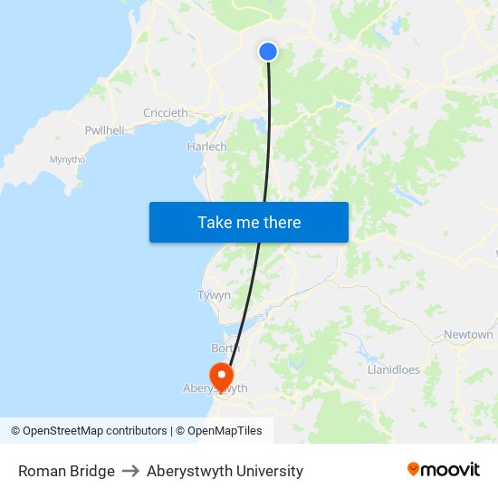 Roman Bridge to Aberystwyth University map