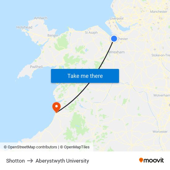 Shotton to Aberystwyth University map