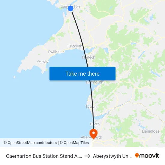 Caernarfon Bus Station Stand A, Caernarfon to Aberystwyth University map