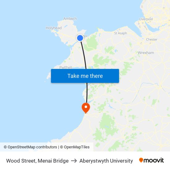 Wood Street, Menai Bridge to Aberystwyth University map