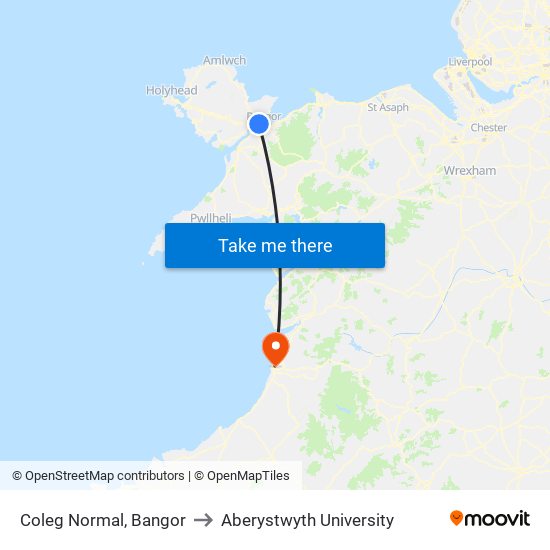 Coleg Normal, Bangor to Aberystwyth University map