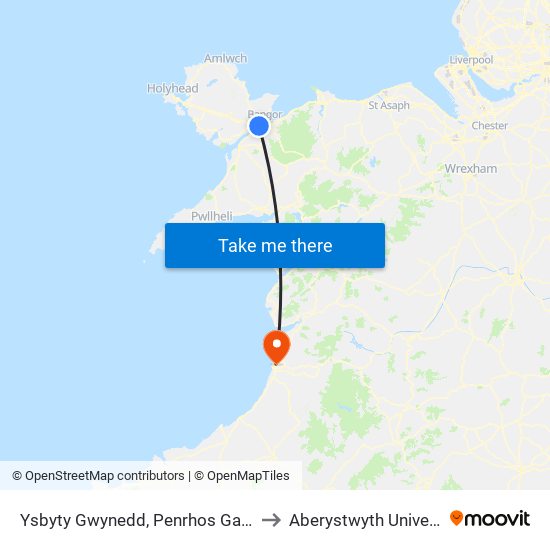 Ysbyty Gwynedd, Bangor to Aberystwyth University map