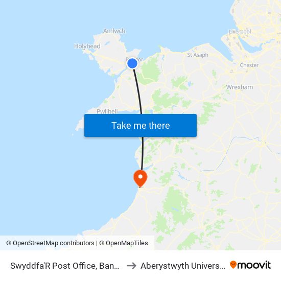 Swyddfa'R Post Office, Bangor to Aberystwyth University map