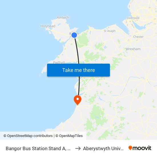 Bangor Bus Station Stand A, Bangor to Aberystwyth University map