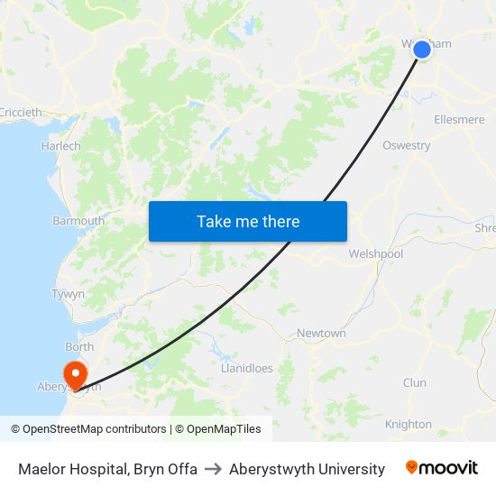 Maelor Hospital, Bryn Offa to Aberystwyth University map