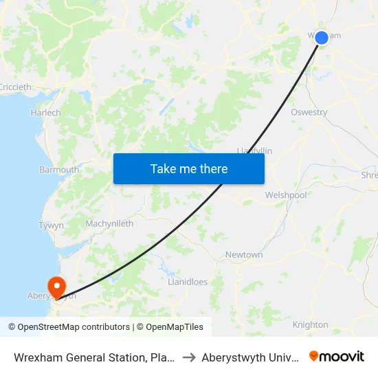 Wrexham General Station, Plas Coch to Aberystwyth University map