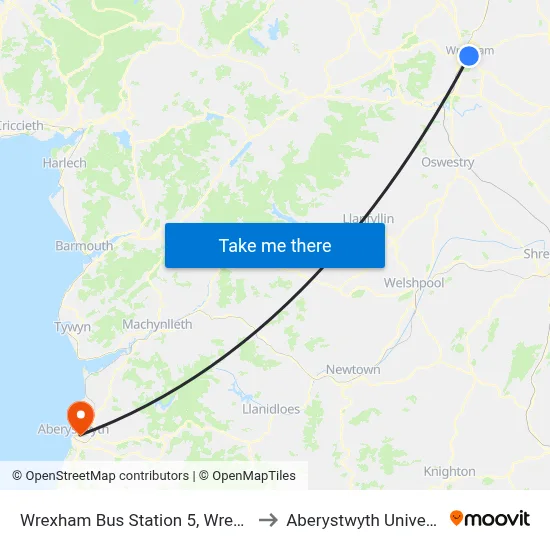 Wrexham Bus Station 5, Wrexham to Aberystwyth University map