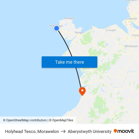 Holyhead Tesco, Morawelon to Aberystwyth University map